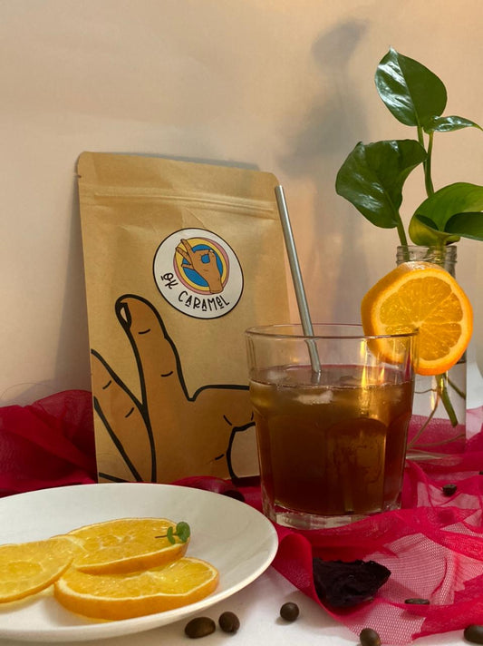 Orange iced cold brew coffee by Okcaramel. Made from the best cold brew coffee.